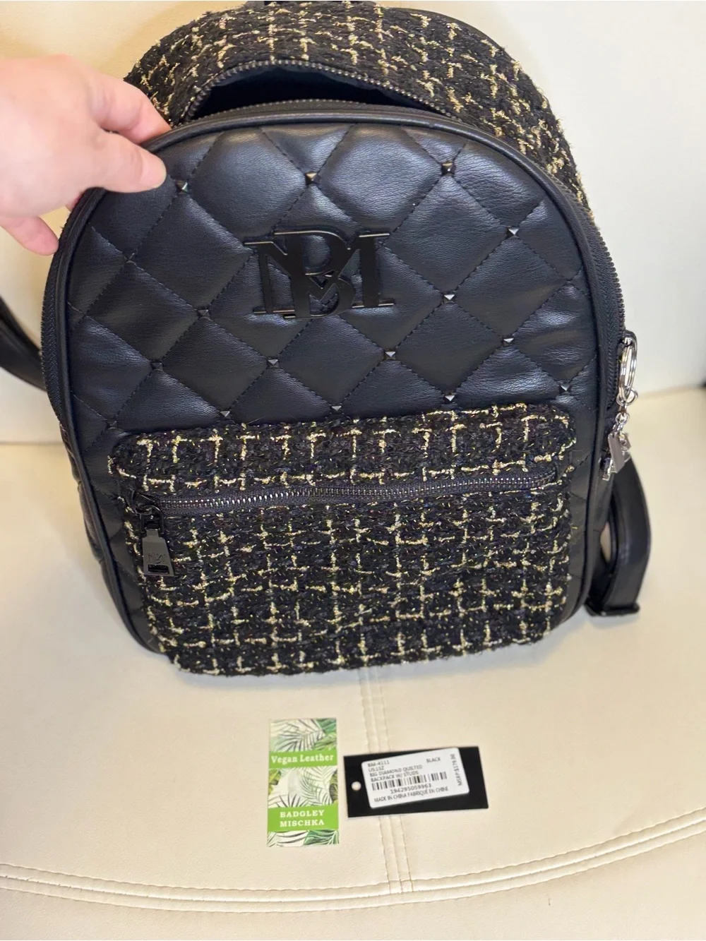 Badgley Mischka Black Quilted Vegan Leather & Tweed Mini Backpack